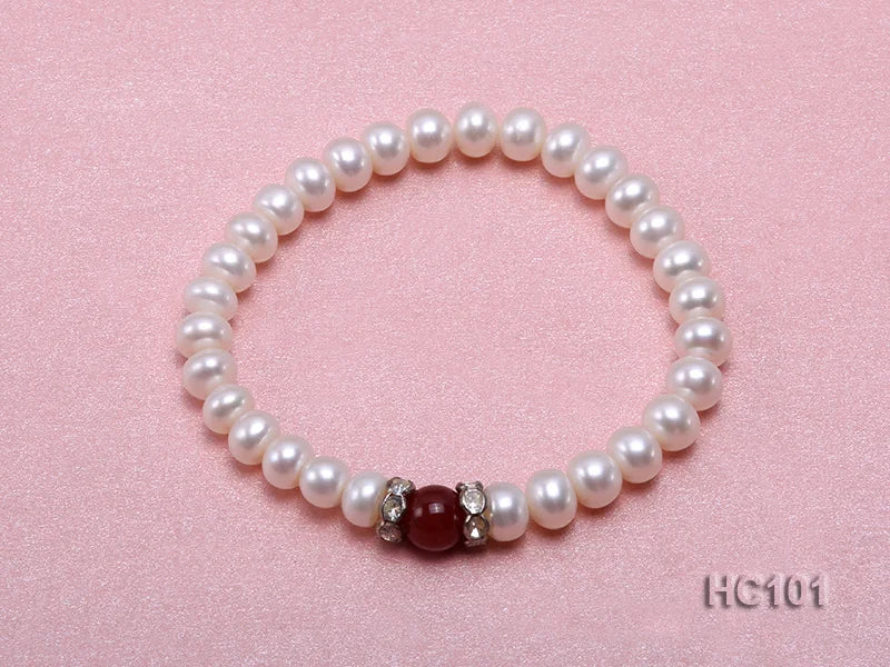 AA 7-8MM Freshwater Pearl Elastic Bracelet Red Agate Rhinestone Bracelet