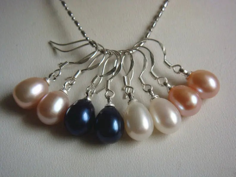4 Pairs Pink Lavender Rice Pearl Silver Dangle Earrings