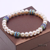 7-7.5mm Freshwater Pearl Bracelet Rhinestone Cloisonne Elastic