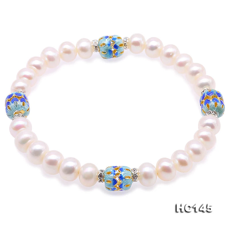 7-7.5mm Freshwater Pearl Bracelet Rhinestone Cloisonne Elastic