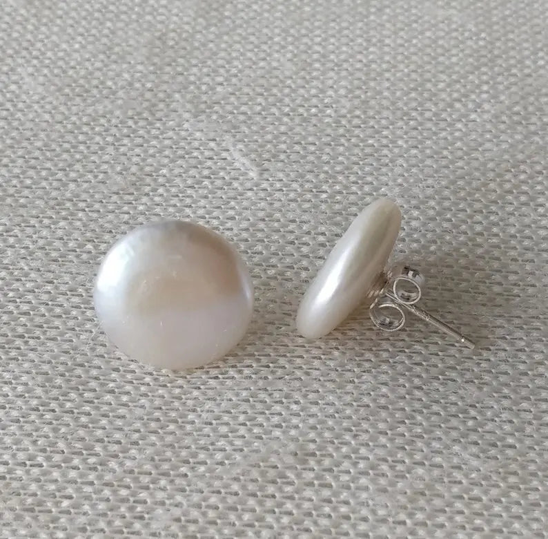 Coin Pearl Earrings 12-13mm Coin Freshwater Pearl Jewellery Silver Stud Earring