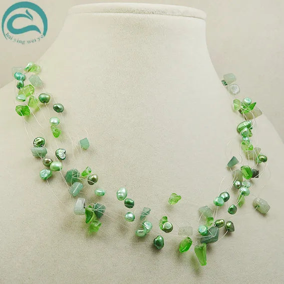 Green Jades 9rows Illusion Pearl Necklace for Women