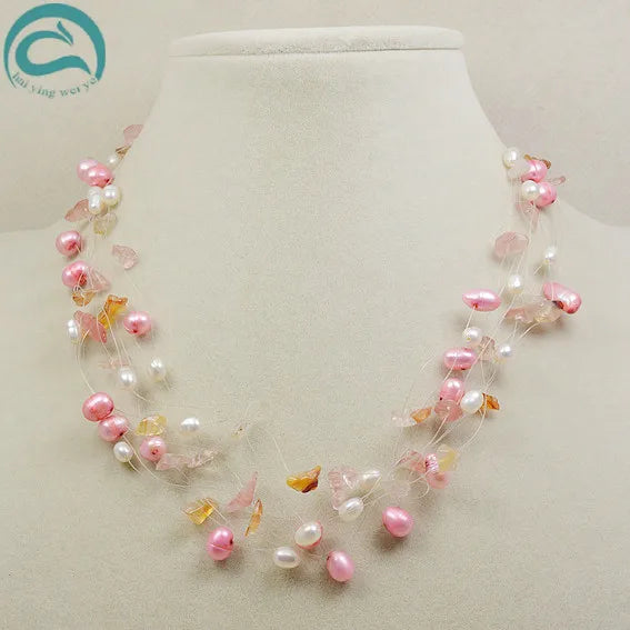 Multicolor Pearl Crystal 9row Illusion Pearl Necklace