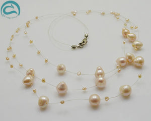 3rows Illusion Pearl Necklace Pink 3-9MM Perfect Women Gift