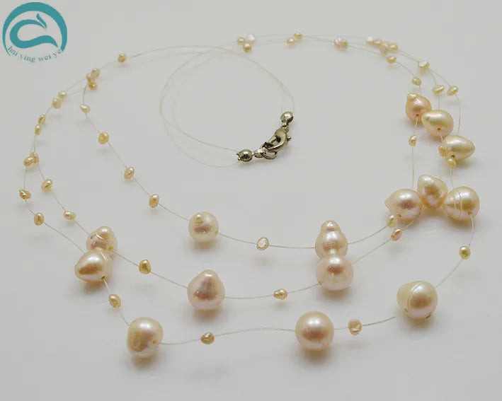 3rows Illusion Pearl Necklace Pink 3-9MM Perfect Women Gift