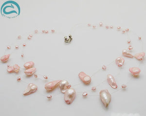 Pink Baroque 3rows Illusion Pearl Necklace