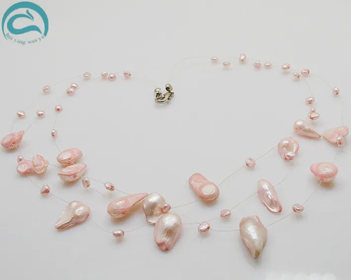 Pink Baroque 3rows Illusion Pearl Necklace