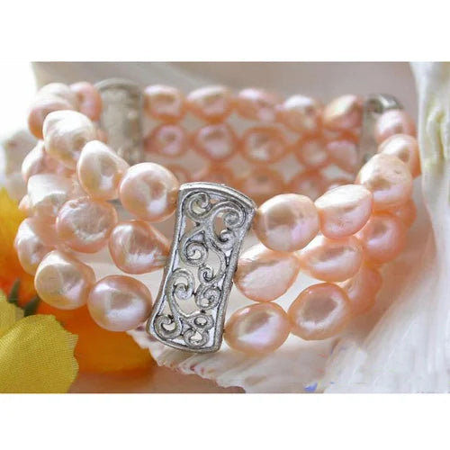 Pink Baroque Freshwater Pearl Bracelet 3row 12mm