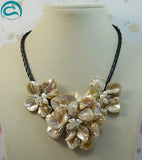 Freshwater Pearl Crystal Shell Flower Necklace Rope Women Jewelry