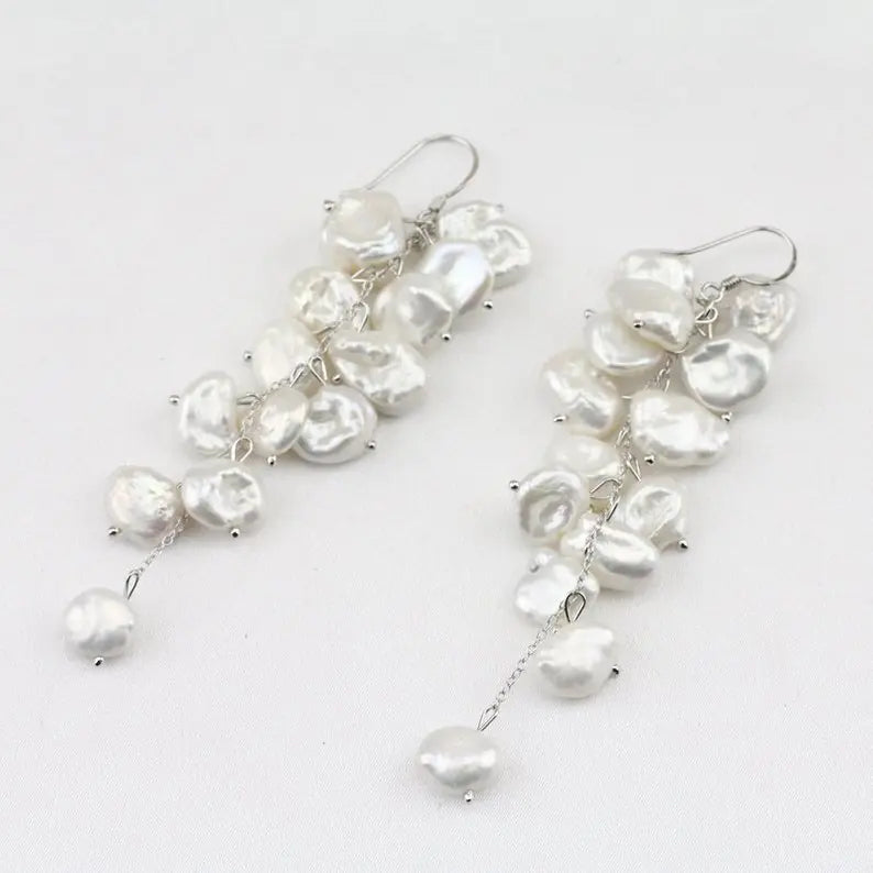 White Biwa Keshi Baroque Pearl Earrings - Handmade Jewelry