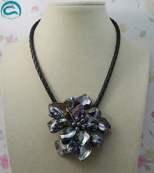 Real Pearl Shell Flower Necklace Leather Jewellery