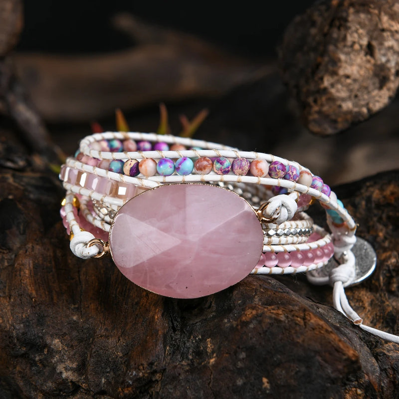 Punk Wrap Bracelet Women Natural Stones 5 Layers Leather Cuff