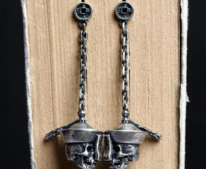 925 Sterling Silver Skull Dangle Earrings Chinese Vintage Punk Long Jewelry