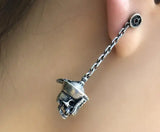 925 Sterling Silver Skull Dangle Earrings Chinese Vintage Punk Long Jewelry