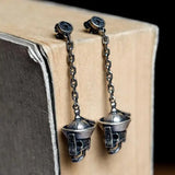 925 Sterling Silver Skull Dangle Earrings Chinese Vintage Punk Long Jewelry