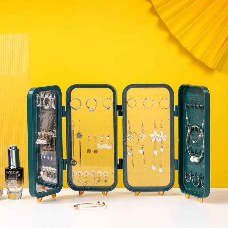 Folding Jewelry Box with Makeup Mirror & Large Capacity Storage Racks