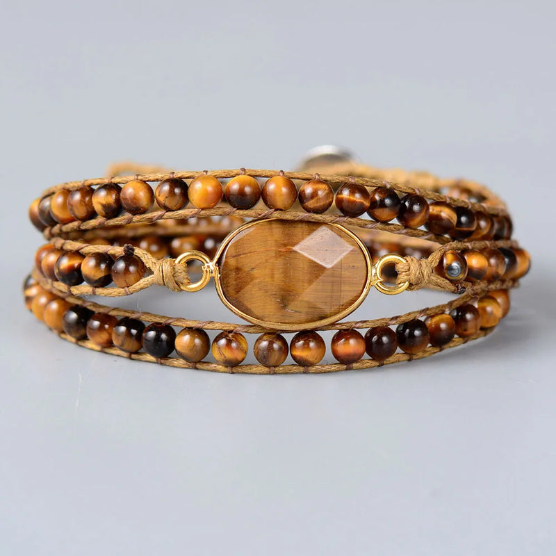 Boho Tiger Eye Natural Stone Charm Wrap Bracelet