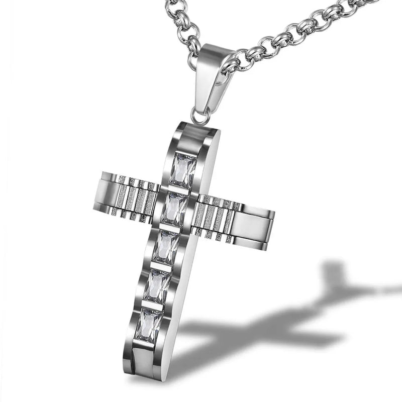 Cross Pendant Necklace Zircon Diamonds Titanium Stainless Steel Chain