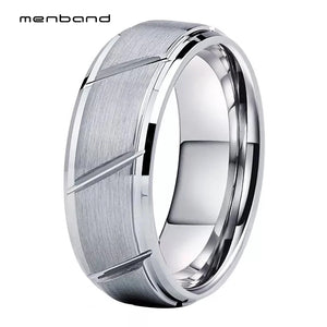 Tungsten Wedding Band Brushed Grooved Beveled Finish 8MM