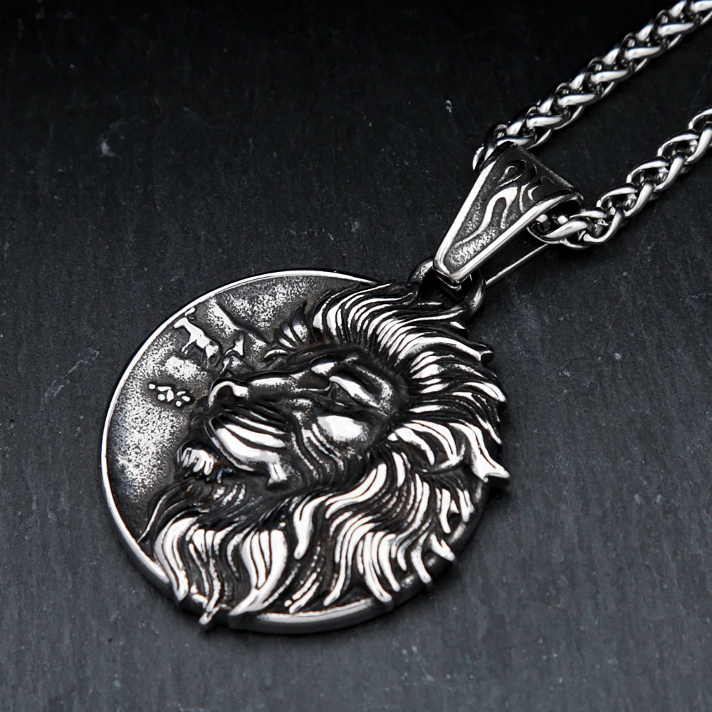 Vintage Lion Head Necklace Punk Stainless Steel Pendant For Men