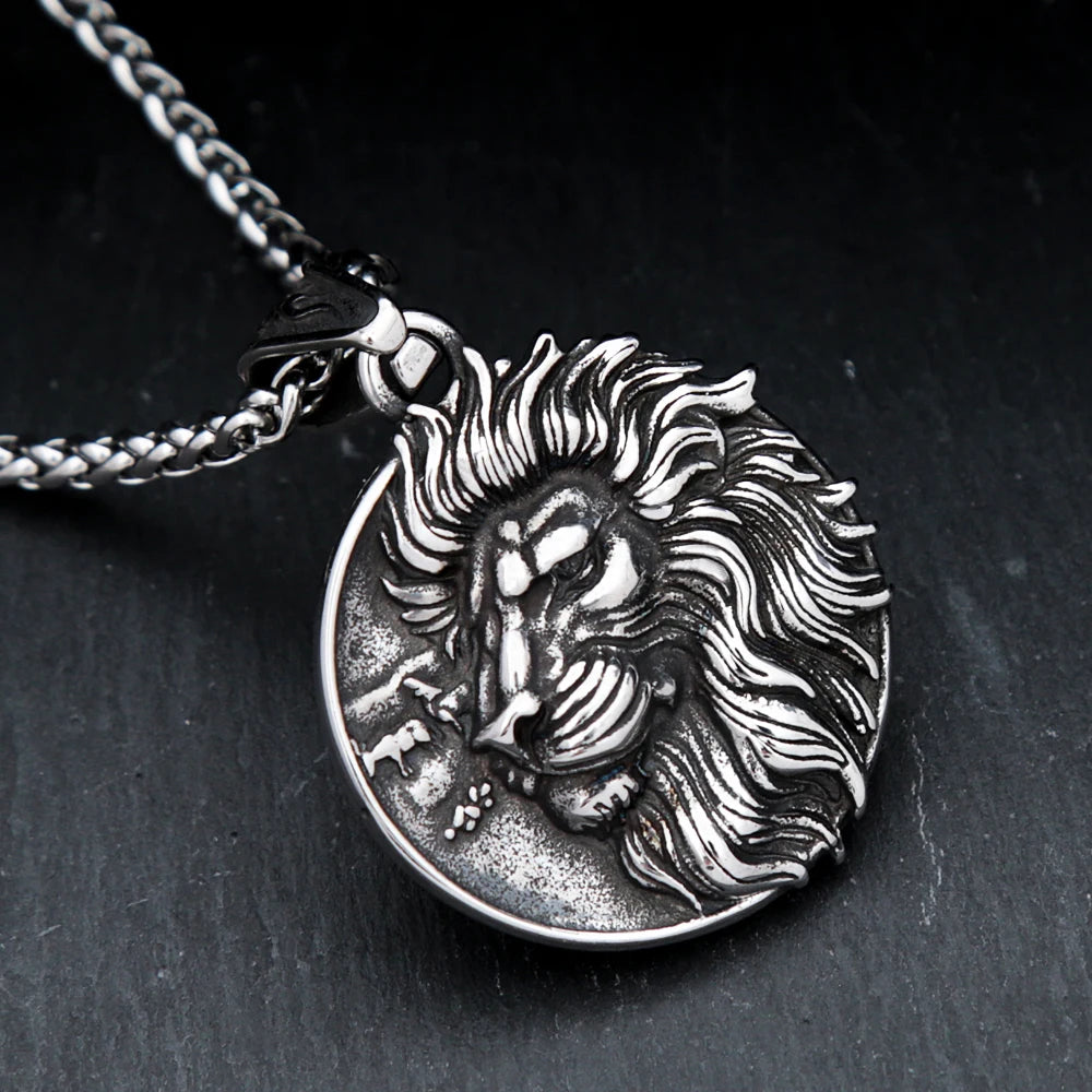 Vintage Lion Head Necklace Punk Stainless Steel Pendant For Men