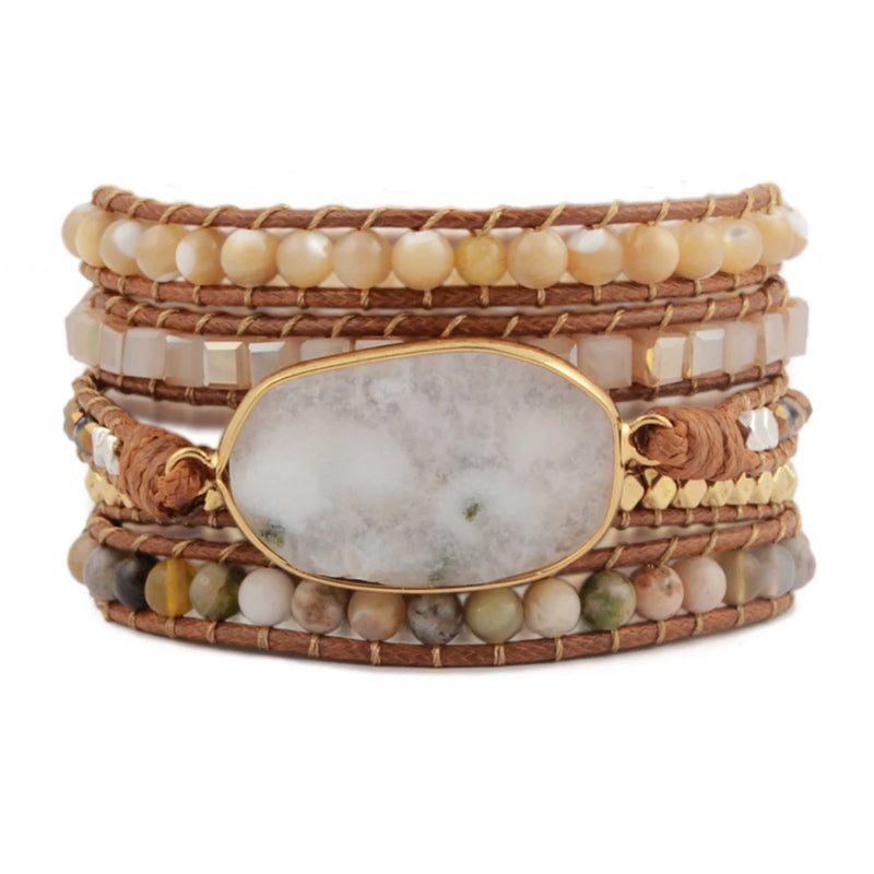 Solar Quartz 5 Strands Wrap Bracelets Boho Leather Bracelet Faceted Crystal