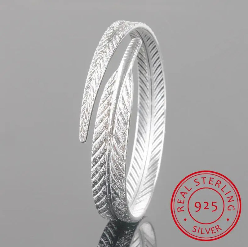 925 Sterling Silver Leaf Bangles Open Cuff Bracelets Fine Jewelry