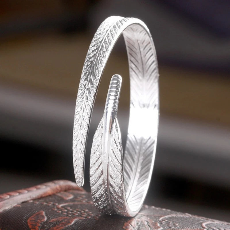 925 Sterling Silver Leaf Bangles Open Cuff Bracelets Jewelry