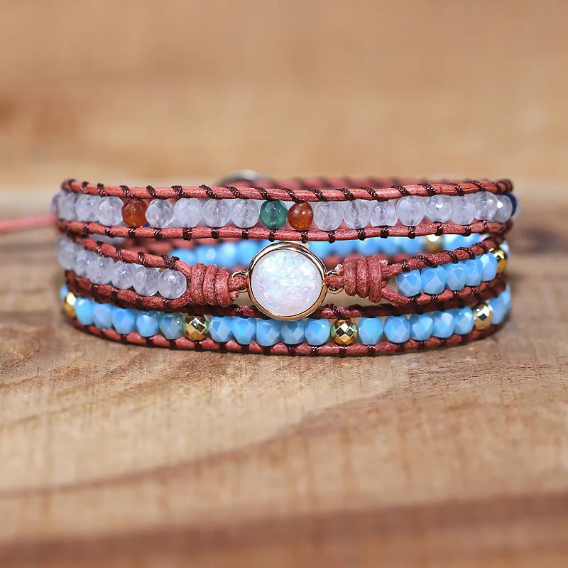 Opal Rhinestone Leather Wrap Bracelet
