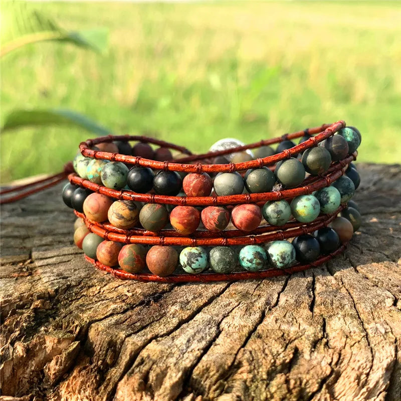 Boho Leather Wrap Bracelet 3 Strands Woven Multilayer Jewelry