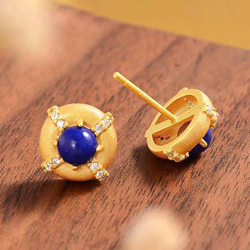 Lapis Lazuli Crystal Ear Studs Vintage Glamour Earrings Silver Jewelry