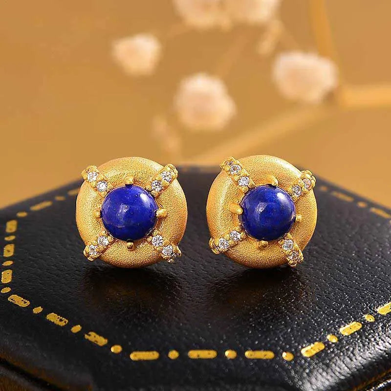 Lapis Lazuli Crystal Ear Studs Vintage Glamour Earrings Silver Jewelry