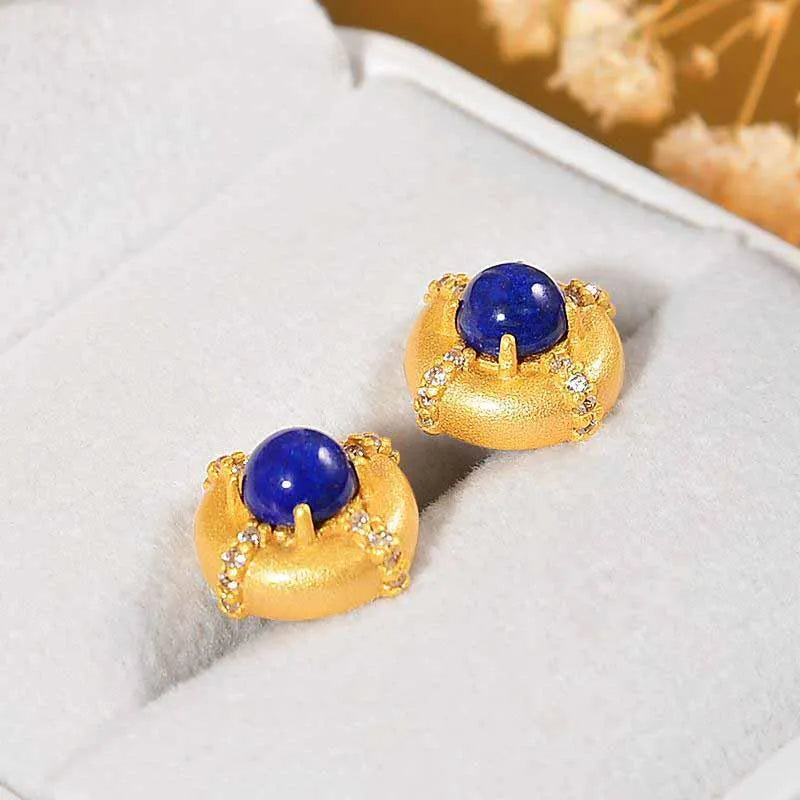 Lapis Lazuli Crystal Ear Studs Vintage Glamour Earrings Silver Jewelry