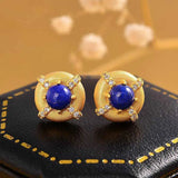 Lapis Lazuli Crystal Ear Studs Vintage Glamour Earrings Silver Jewelry