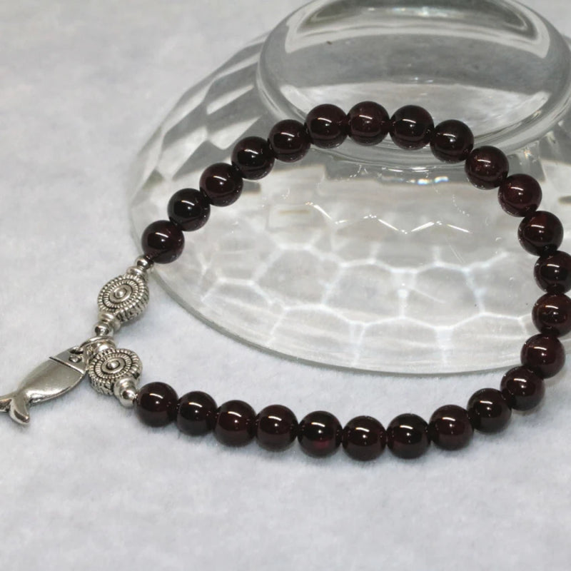 Natural Garnet Bracelet Women Mother 6mm Round Beads 7.5inch