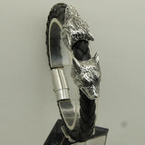 Wolf Woven Leather Stainless Steel Bangle Bracelet