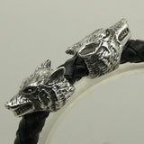 Wolf Woven Leather Stainless Steel Bangle Bracelet