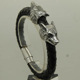 Wolf Woven Leather Stainless Steel Bangle Bracelet