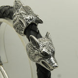 Wolf Woven Leather Stainless Steel Bangle Bracelet