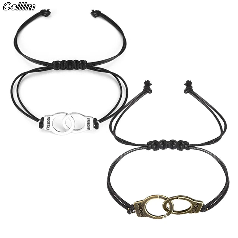 Unisex 2Pcs Handcuff Charm Bracelet For Women Men Adjustable Rope Bracelet