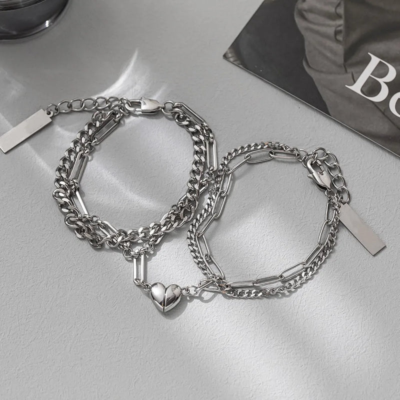 Stainless Steel Heart Magnet Bracelet Set with Twist Chain Tassel