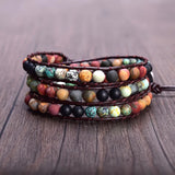 Leather Cord Wrap Bracelet Natural Stone Mix Beaded Layer