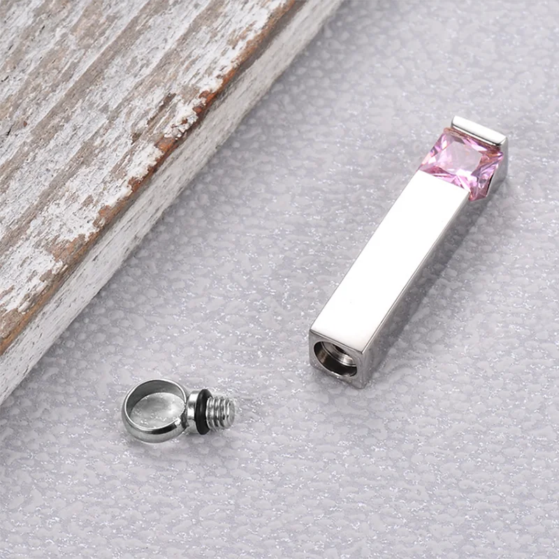 Stainless Steel Zircon Bar Cremation Urn Necklace - Unisex