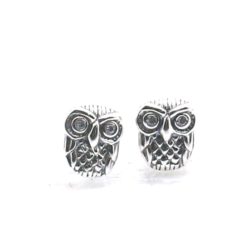 Unisex 925 Silver Owl Studs Earrings with Clean Stone Eye
