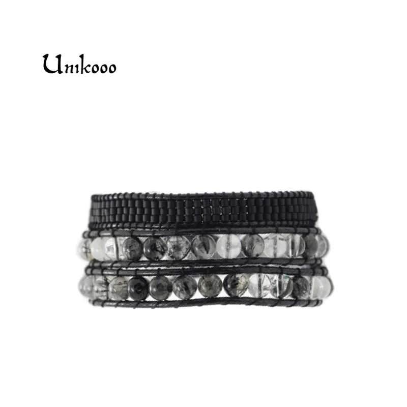 Boho Crystal & Seed Beads Wrap Bracelet Leather 3 Strands