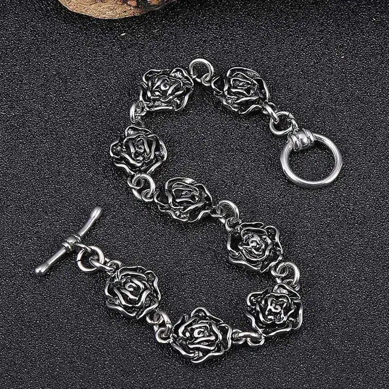 Stainless Steel Link Chain Bracelet Rose Flower Vintage Bracelet
