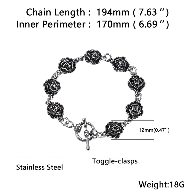 Stainless Steel Link Chain Bracelet Rose Flower Vintage Bracelet