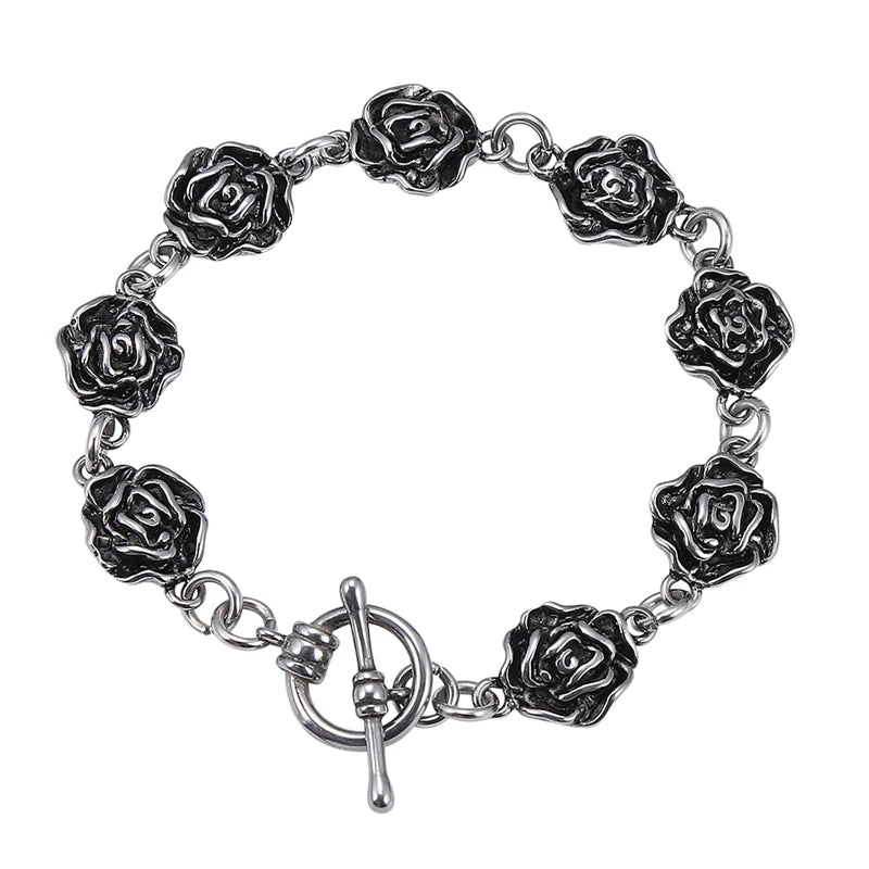 Stainless Steel Link Chain Bracelet Rose Flower Vintage Bracelet