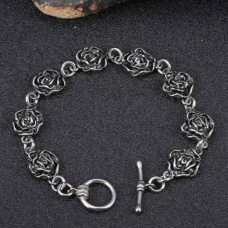 Stainless Steel Link Chain Bracelet Rose Flower Vintage Bracelet