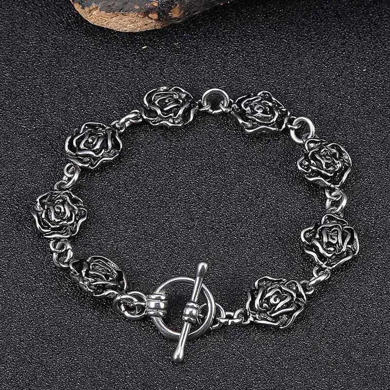 Stainless Steel Link Chain Bracelet Rose Flower Vintage Bracelet